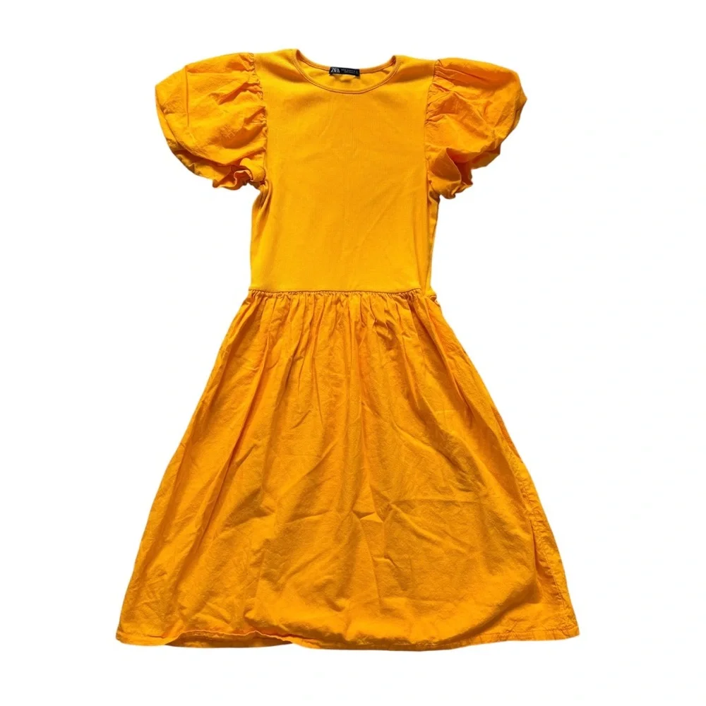 ZARA Vibrant Orange Puff Sleeve Multi-media Combination Knee Length Dress M - Picture 1 of 9